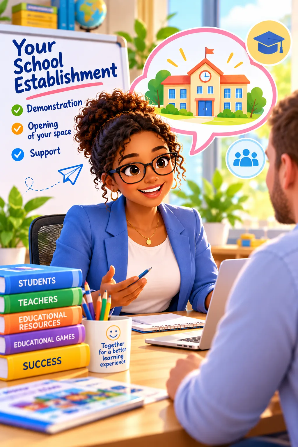 An adviser presents the offer for schools: a demonstration, the opening of your space, and ongoing support.