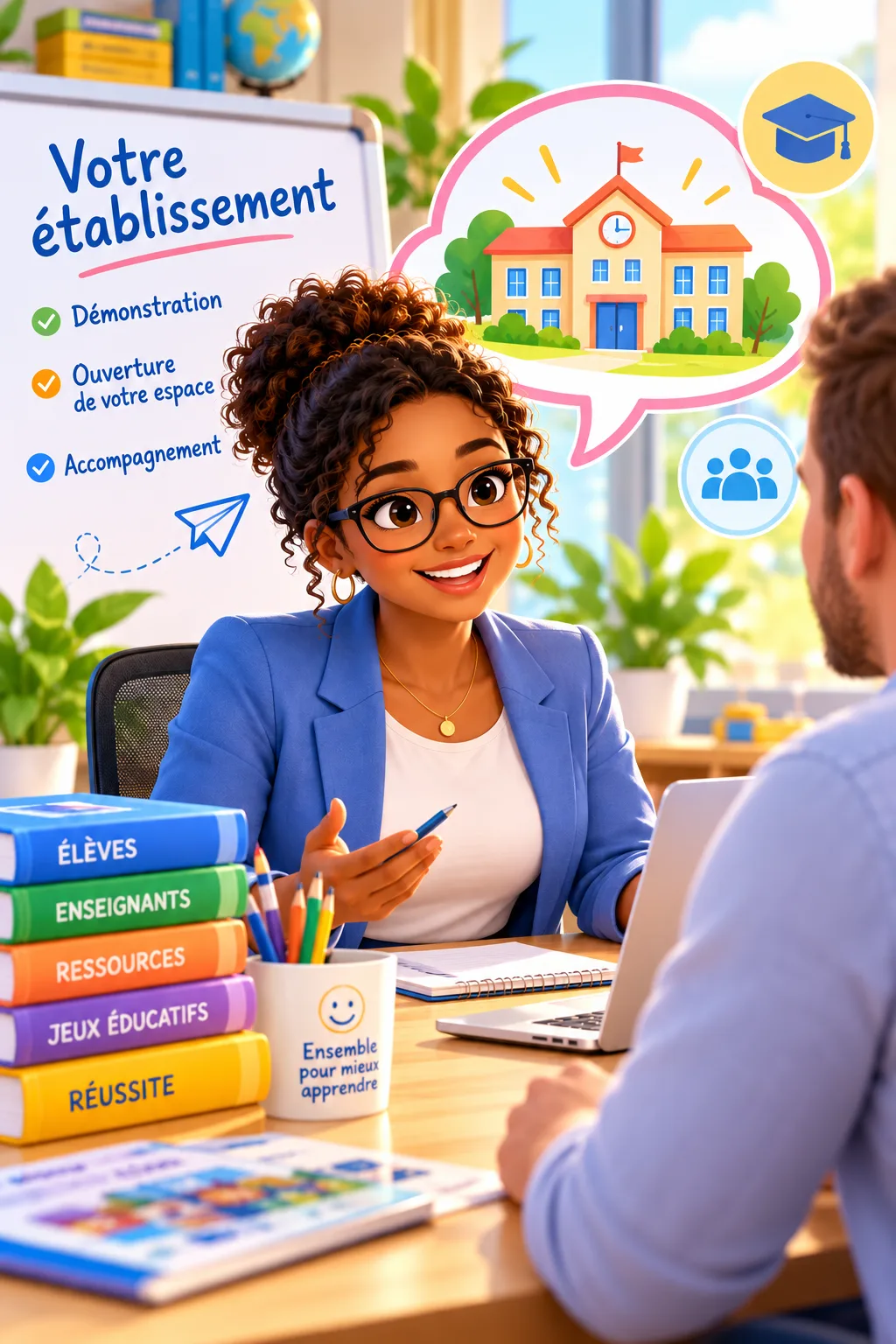Une conseillère présente l’offre aux établissements : démonstration, ouverture de votre espace, accompagnement.