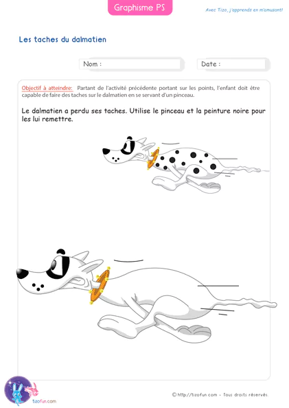 les taches du dalmatien - compléter un dessin - graphisme ps maternelle