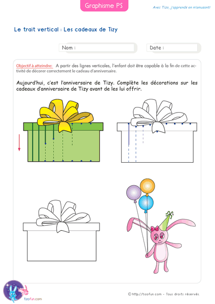 décorer les cadeaux - le trait vertical - graphisme petite section