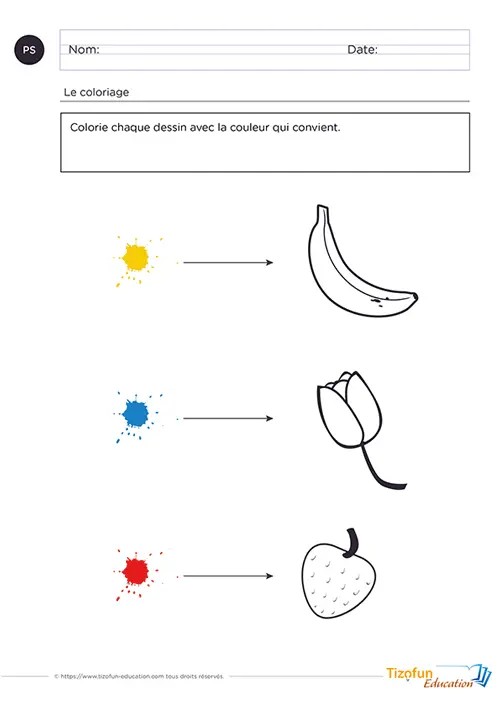 fiche de coloriage en maternelle petite section - colorer: une banane, une tulipe, une pomme