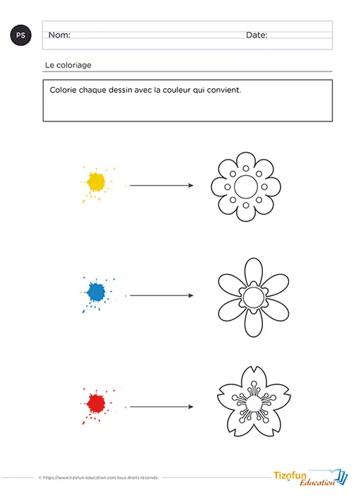 exercice de maternelle - fiche de coloriage à imprimer ps - colorer des fleurs