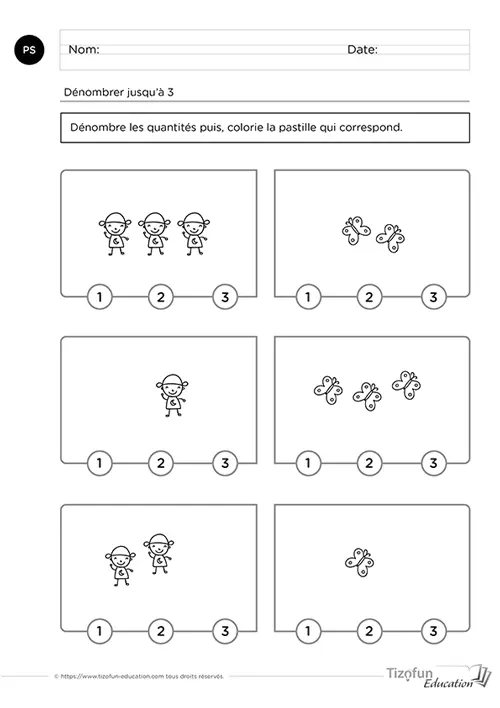 explorer les nombres jusqu'à 3 avec ces exercices de dénombrement pour la maternelle