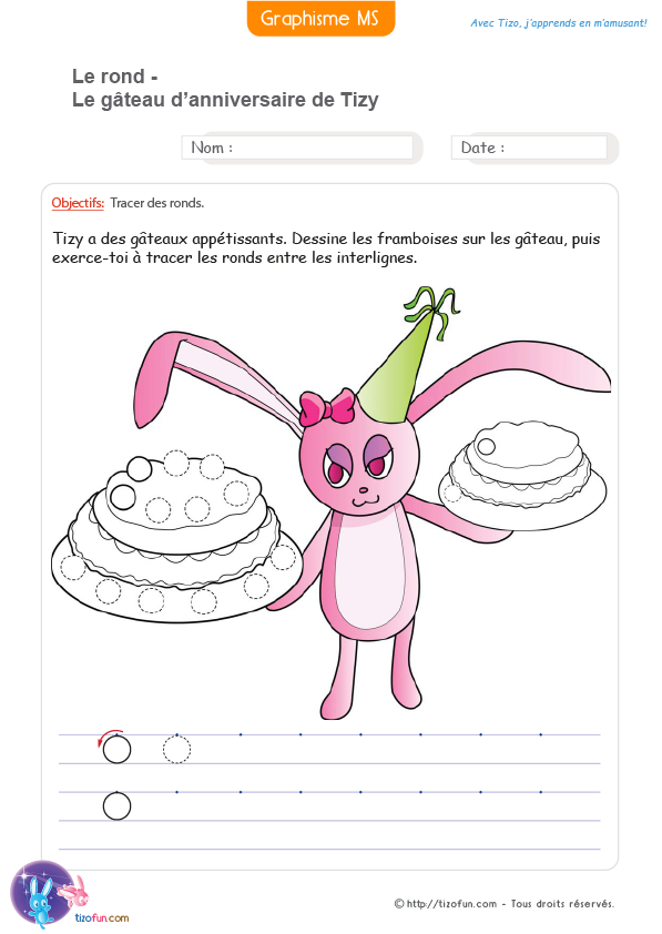 Décorer un gâteau pour l'anniversaire de Tizo avec cet exercice sur les ronds en graphisme maternelle