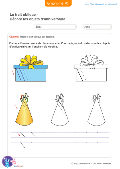 tracer les lignes obliques pour décorer les cadeaux - le geste oblique qui descend - exercice de graphisme maternelle