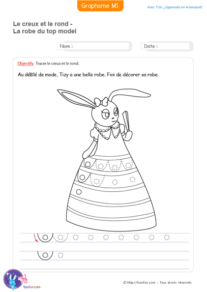 activité de graphisme en maternelle pour décorer une robe avec les ronds et les creux