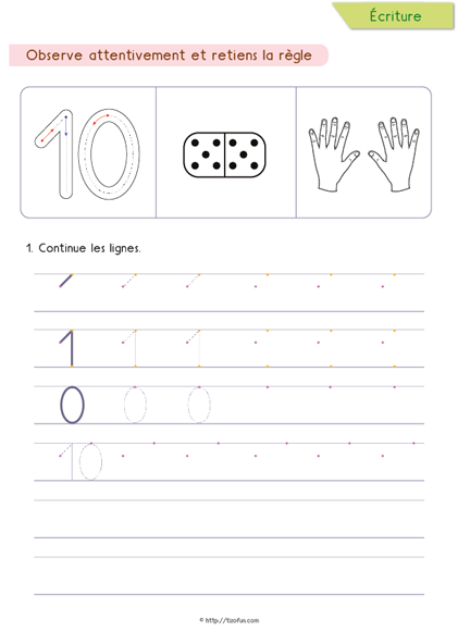 Exercices pour apprendre à écrire les chiffres de 0 à 9 – Écrire le nombre 10