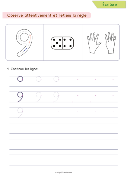 Exercices pour apprendre à écrire les chiffres de 0 à 9 – Écrire le nombre 9