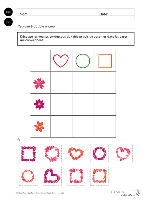 Fiche compléter un tableau à double entrée en maternelle : exercices et jeux à imprimer gratuitement