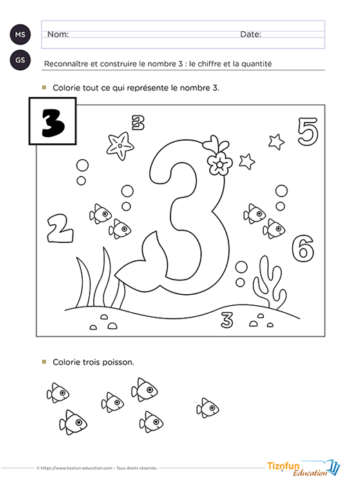 Colorer le nombre 3 et tout ce qui représente 3 - construire le nombre 3