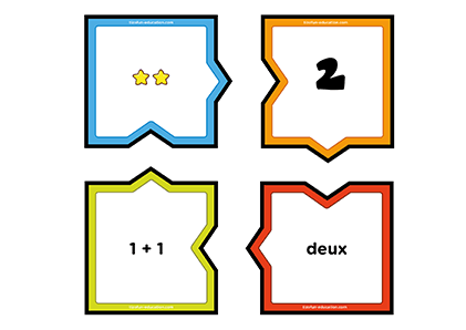 Puzzles pour apprendre le nombre 2 en associant addition, quantité, chiffres et écriture en lettres.