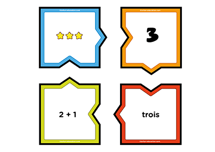 Pièces de puzzle ludique pour le nombre 3 avec ses représentations visuelles et textuelles.