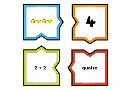 Pièces de puzzle éducative pour associer le nombre 4 à ses écritures quantité, addition, chiffres et mots.