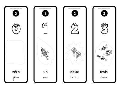 flashcards des trois représentations (quantité, chiffres, lettres) des nombres de 0 à 3