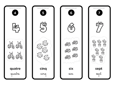 flashcards des trois représentations (quantité, chiffres, lettres) des nombres de 4 à 7