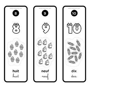 flashcards des trois représentations (quantité, chiffres, lettres) des nombres de 8 à 10