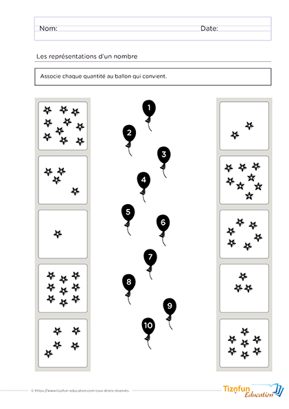 Activité de correspondance de chiffres de 1 à 10 avec des quantités d'étoiles.