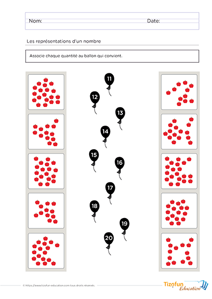 Activité pour associer les chiffres de 11 à 20 avec des collections de pommes.