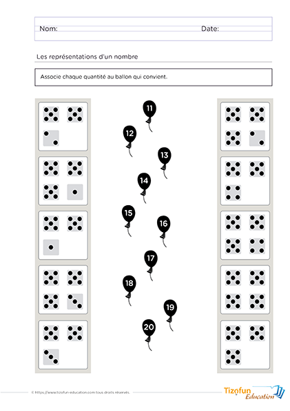 Exercice de correspondance de chiffres de 11 à 20 avec des représentations sur des dés