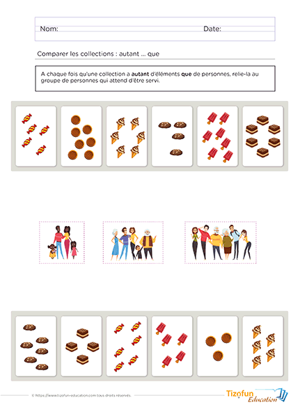 fiche de comparaison pour les enfants de maternelle et cp, trouver les quantités égales