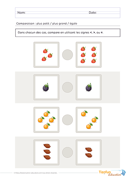 Fiche pur apprendre à comparer les quantités en se servant des signes mathématiques