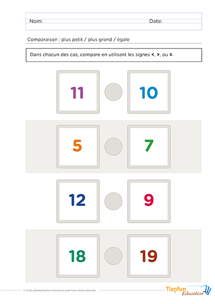 Fiche maternelle GS et CP pour apprendre à comparer deux nombres avec les signe supérieur inférieur ou égale