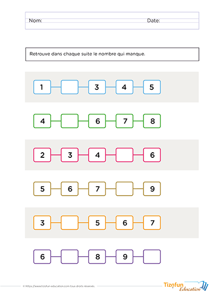 Activité pour s'exercer sur la suite des nombres en maternelle et CP