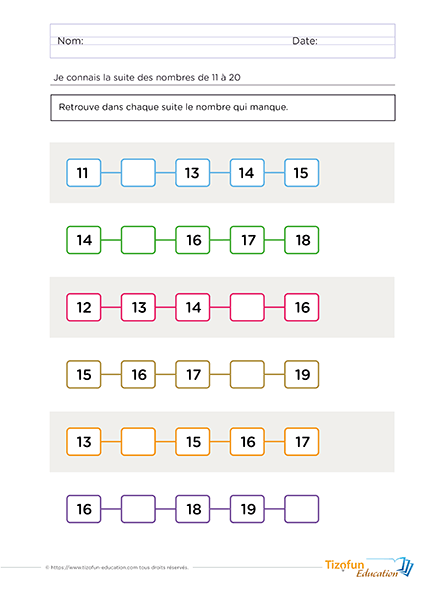 Fiche pour apprendre la suite des nombres jusqu'à 20