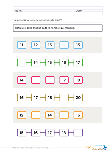 exercices pour définir la position des nombres sur la bande numérique