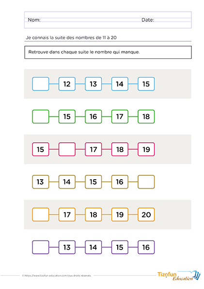 Fiche d'activité pour apprendre la suite des nombres jusqu'à 10