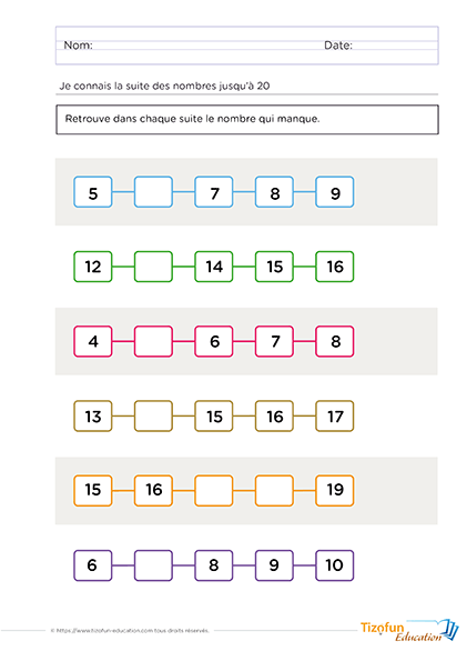 Exercices de Maternelle et CP pour connaître la suite des nombres