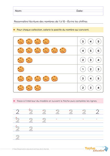 Exercice pour reconnaître et écrire les nombres de 1 à 10 avec des collections de cookies.