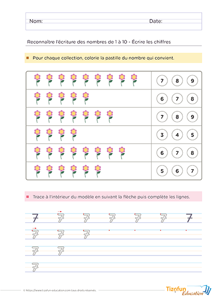 Activité pour apprendre les nombres de 1 à 10 en associant des fleurs et en écrivant les chiffres.