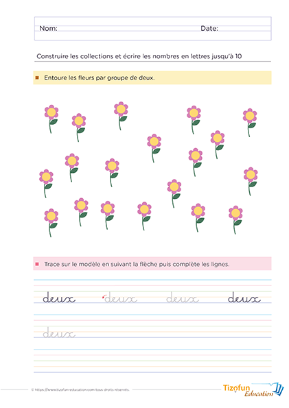 Activité pédagogique pour entourer des fleurs par groupes de 2 et écrire "deux" en lettres.