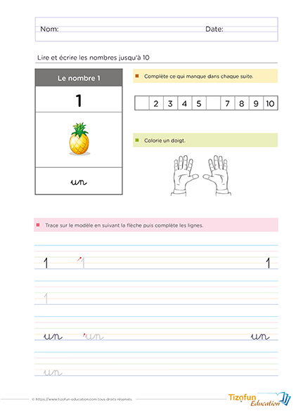 Activité éducative pour identifier les représentations, lire et écrire le nombre 1 avec des exercices de traçage