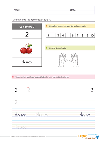 Fiche pédagogique pour lire et écrire le nombre 2 - identifier les écritures du nombre 2 et compléter la bande numérique.