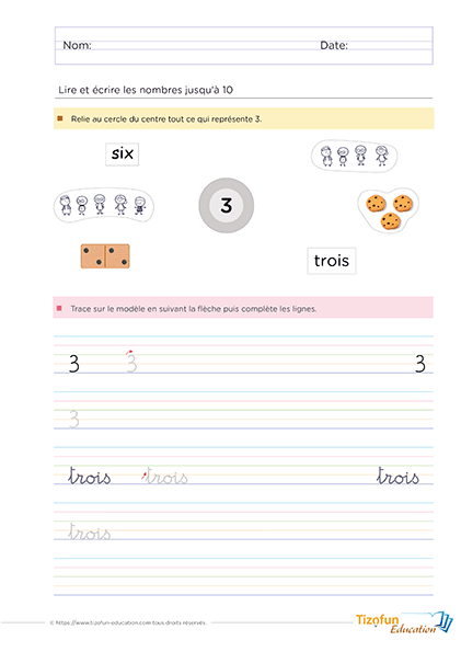 Exercice pour identifier et écrire le nombre 3 en chiffres et en lettres.