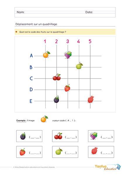 Fiche maternelle coordonnées spatiales - Donner les coordonnées de chaque fruit dans le quadrillage