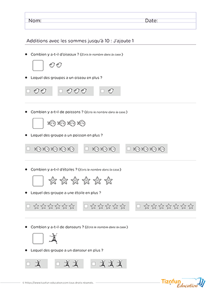 Fiche pour apprendre les bases de l'addition - ajouter 1