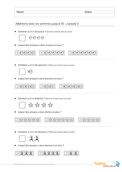 Fiche maternelle addition pour ajouter 2 mentalement - sommes jusqu'à 10