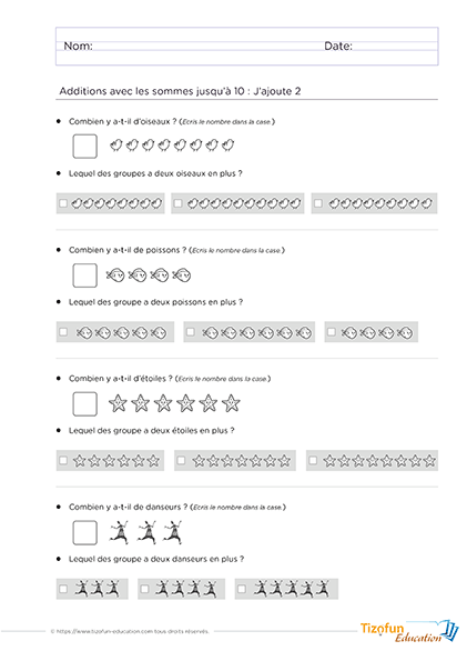 Exercices pour apprendre à ajouter 2 - se déplacer de 2 unités sur la bande numérique.