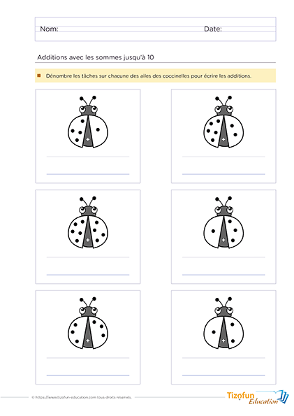 Fiche d'addition avec des coccinelles pour aider les enfants à apprendre les additions