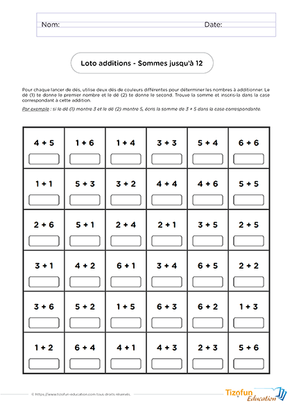 Loto addition maternelle cp