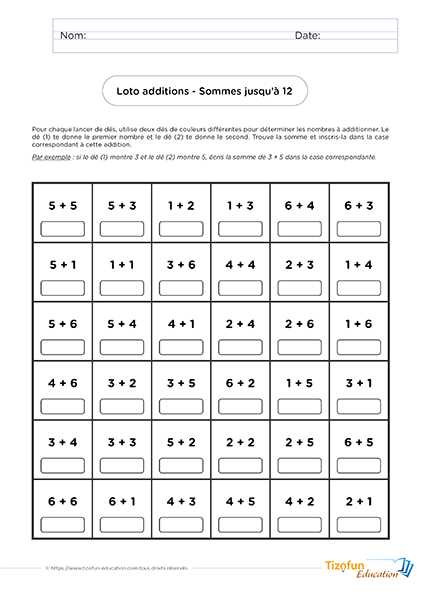 Fiche pour jeu loto addition avec les sommes jusqu'à 12