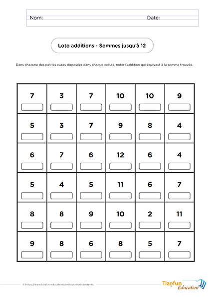 apprendre l'addition en s'amusant - exercice loto enfant