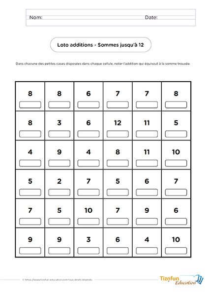 fiche loto pour s'exercer sur les additions