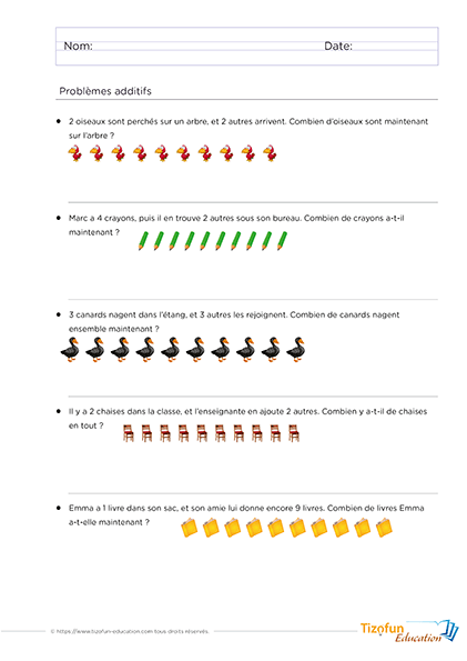 Exercices d'addition avec images pour enfant maternelle et CP