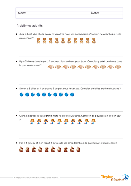 Problèmes d'addition simples pour les enfnats de maternelle et cp