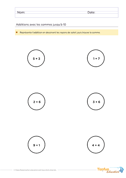 exercices d'addition spéciale pour enfants - représenter les additions avec des rayons de soleil