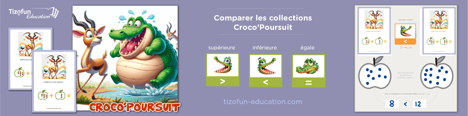 Croco ‘Poursuit : Le Jeu pour Apprendre la Comparaison des Quantités et nombres avec les signes mathématiques > < =